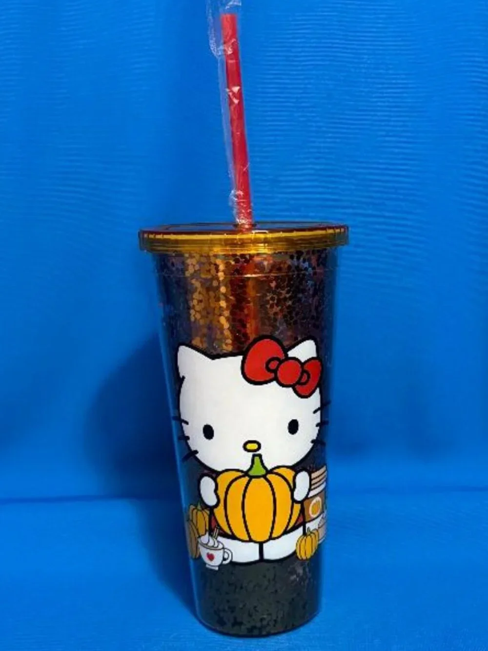 NEW HELLO KITTY PUMPKIN SPICE & PUMPKINS DOUBLE WALLED SEQUIN 32 OZ TUMBLER CUP